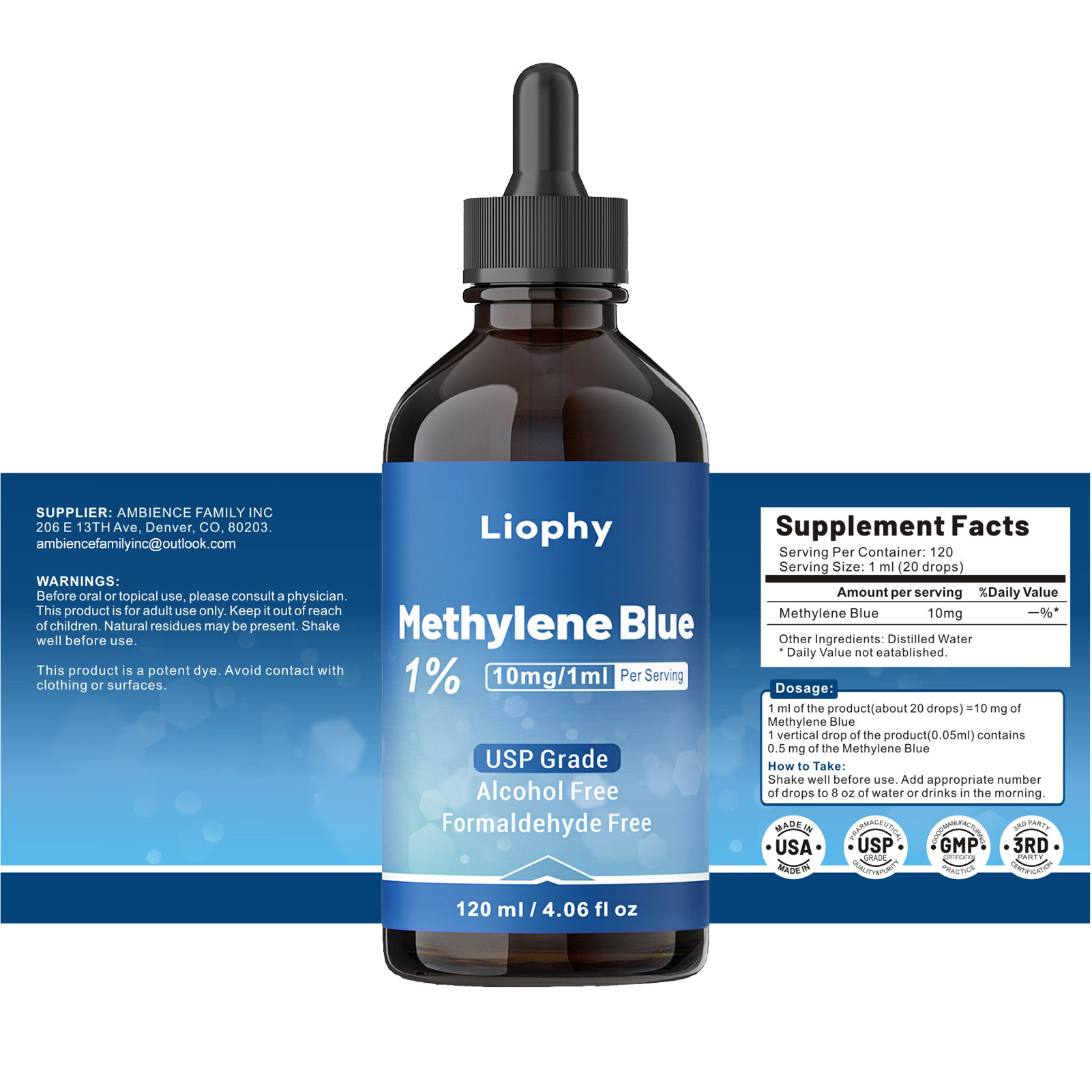 Methylene Blue Solution 1% - High Purity, Methylene Blue USP Standard Solution - No Formaldehyde, 4.06 Fl Oz, 120 ml - Image 3
